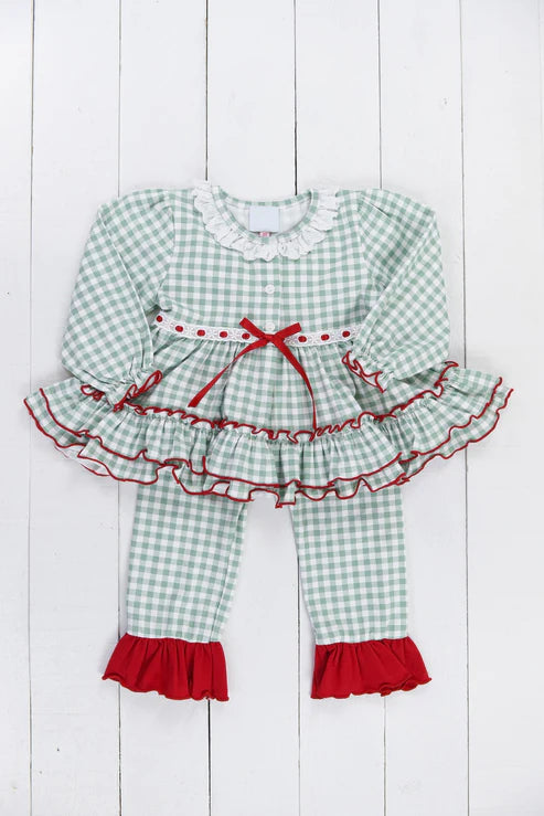 7.16 GLP2054 Baby Girls Green Checkered Tunic Ruffle Pants Clothes Sets Preorder