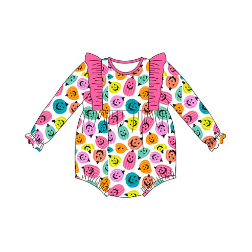 7.11 LR2407 Baby Girls Long Ruffle Sleeves Colorful Ghost Pumpkins Plaid Rompers Preorder