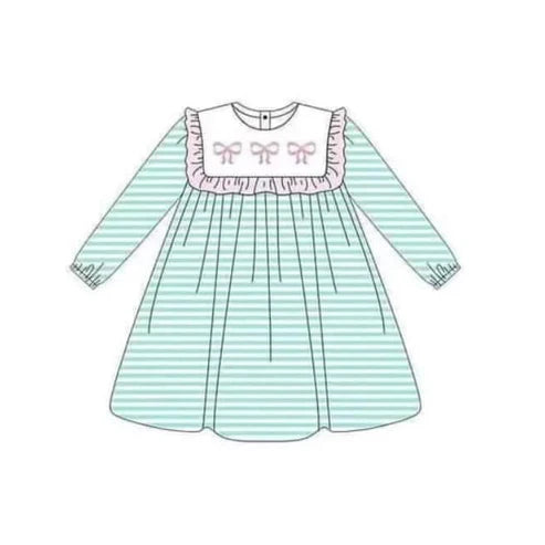 7.19 GLD0958 Baby Girls Blue Stripes Bows Ruffle Knee Length Dresses Preorder