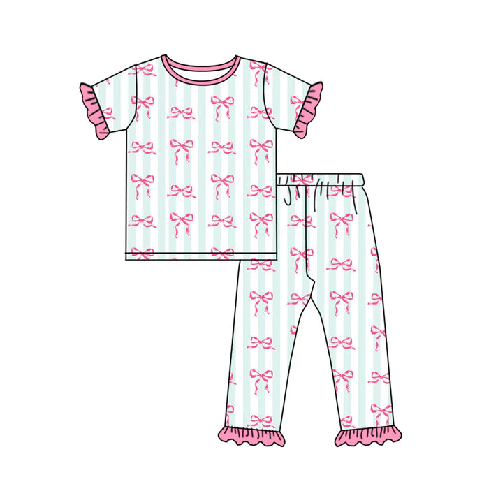 7.22 GSPO1749 Baby Girls Green Stripes Bows Shirt Pants Pajamas Clothes Sets Preorder