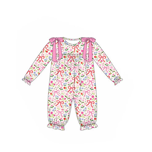 7.12 LR2387 Baby Girls Long Ruffle Sleeves Pink Bows Floral Pant Rompers Preorder