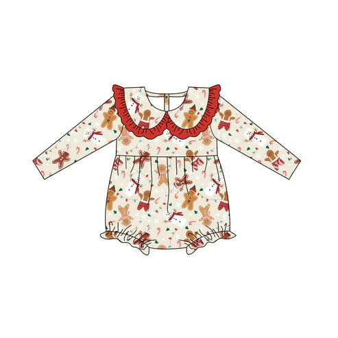 7.14 LR2380 Baby Girls Long Sleeves Gingerbread Snowman Ruffle Rompers Preorder
