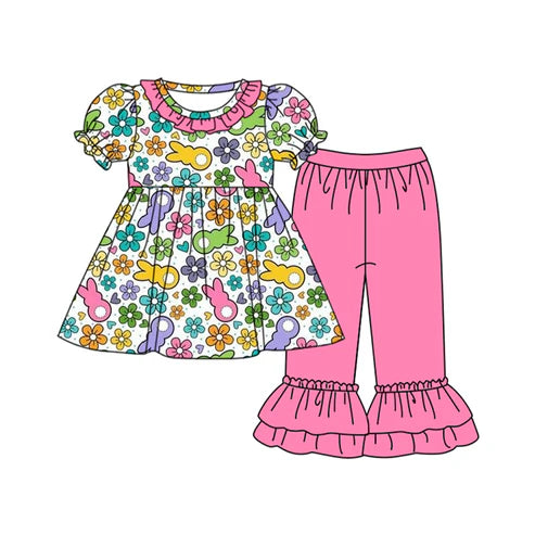 7.21 GSPO1738 Baby Girls Easter Rabbit Flowers Tunic Top Pants Clothes Sets Preorder