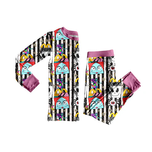 7.15 GLP2587 Baby Girls Long Sleeves Cartoon Ghosts Stripes Top Pant Pajamas Set Preorder