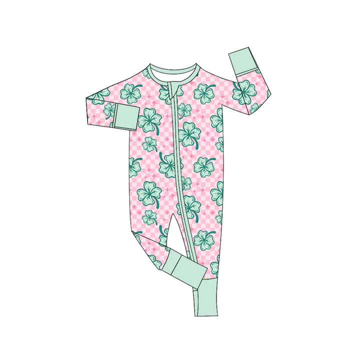 7.23 LR2107 Baby Infant Girls St Patrick Quatrefoils Zip Rompers preorder
