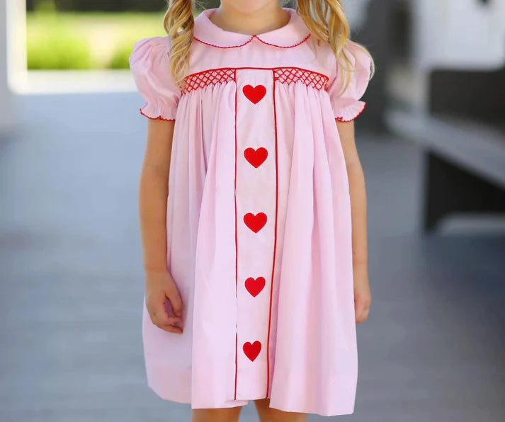 7.21 GSD1453 Baby Girls Valentines Pink Hearts Short Sleeve Knee Length Dresses Preorder