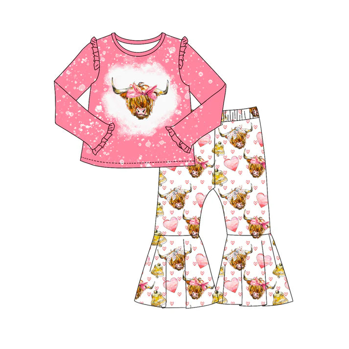 7.22 GLP2168 Baby Girls Valentines Highland Cow Shirt Western Bell Pants Clothes Sets Preorder