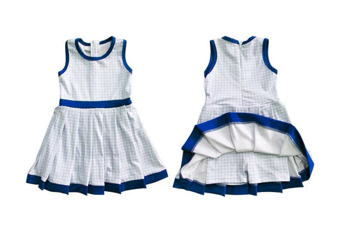 7.14 GSD2759 Baby Girls Blue Plaid Sleeveless Zipper Shorts Yoga Knee Length Dresses Preorder