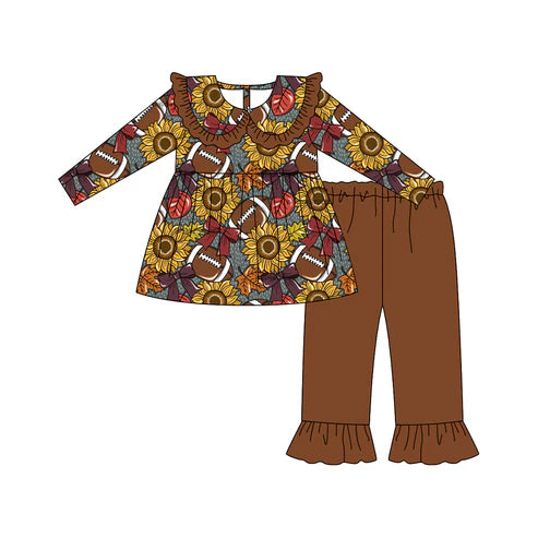 7.15 GLP2579 Baby Girls Long Sleeves Sunflowers Footballs Tunic Ruffle Pant Set Preorder