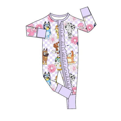 7.21 LR2075 Baby Infant Girls Lavender Checkered Dogs Zip Rompers preorder