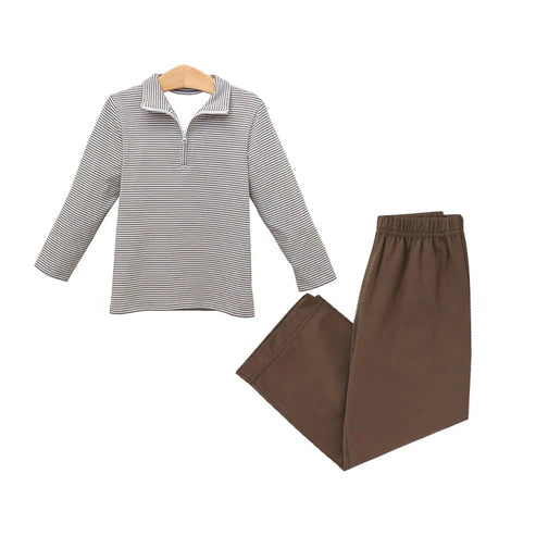 7.18 BLP0999 Baby Boys Fall Brown Stripes Zip Shirt Pants Outfits Clothes Sets Preorder