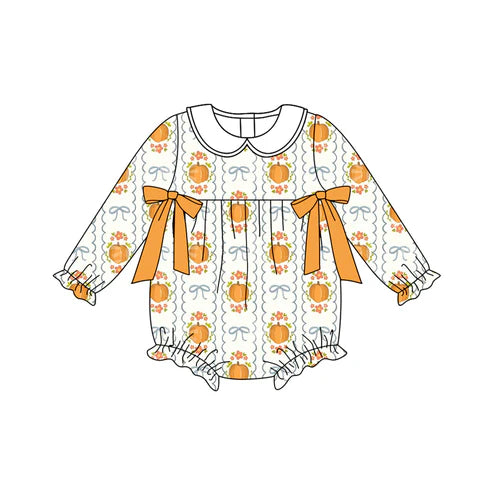 7.12 LR2389 Baby Girls Long Ruffle Sleeves Pumpkins Bows Plaid Rompers Preorder