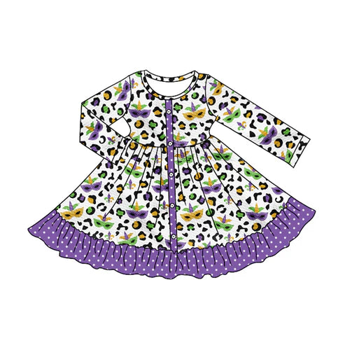 7.19 GLD0954 Baby Girls Mardi Gras Leopard Ruffle Knee Length Dresses Preorder
