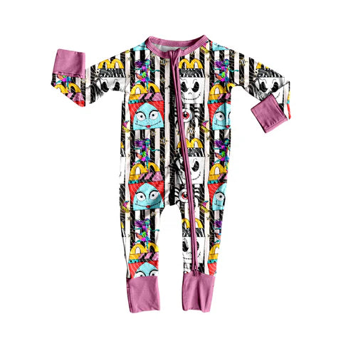 7.15 LR2423 Baby Girls Long Sleeves Cartoon Ghosts Stripes Zipper Pant Rompers Preorder