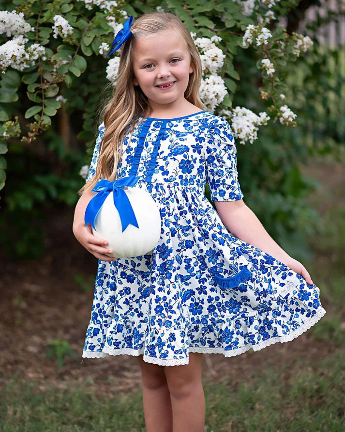 7.21 GSD1455 Baby Girls Blue Flowers Pockets Knee Length Dresses Preorder