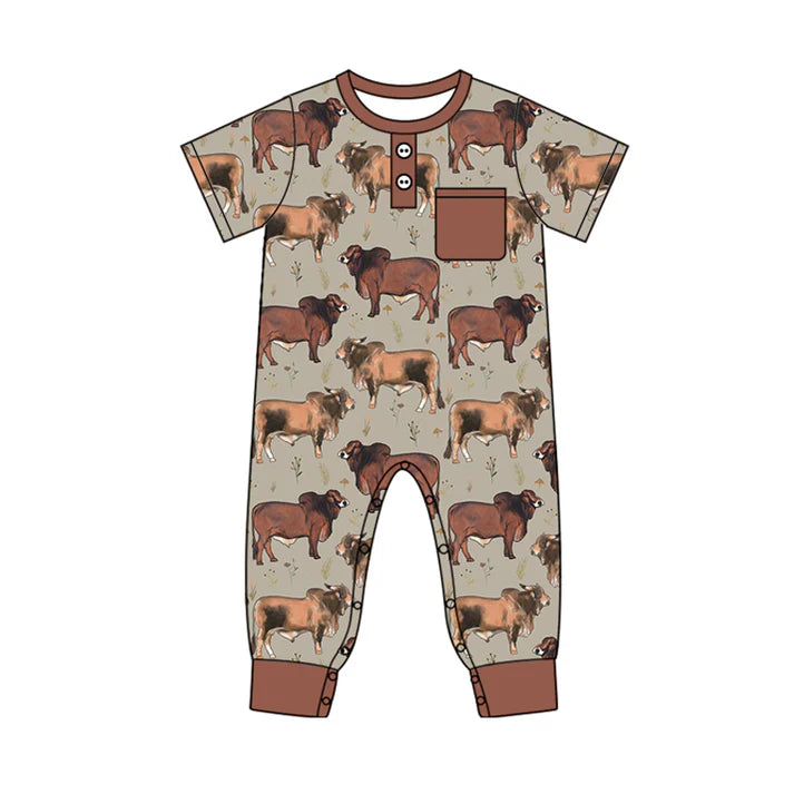 7.22 SR2039 Baby Infant Boys Western Cows Pocket Short Sleeve Rompers preorder