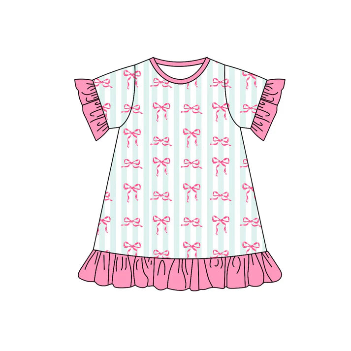 7.22 GSD1457 Baby Girls Green Stripes Bows Knee Length Dresses Preorder