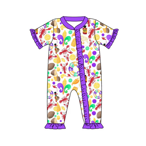 7.19 SR2019 Baby Infant Girls Mardi Gras Anchor Crawfish Zip Rompers preorder