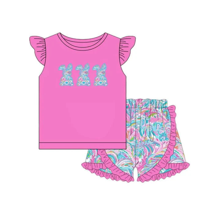 7.22 GSSO1466 Baby Girls Easter Pink Rabbits Shirt Floral Ruffle Shorts Clothes Sets Preorder
