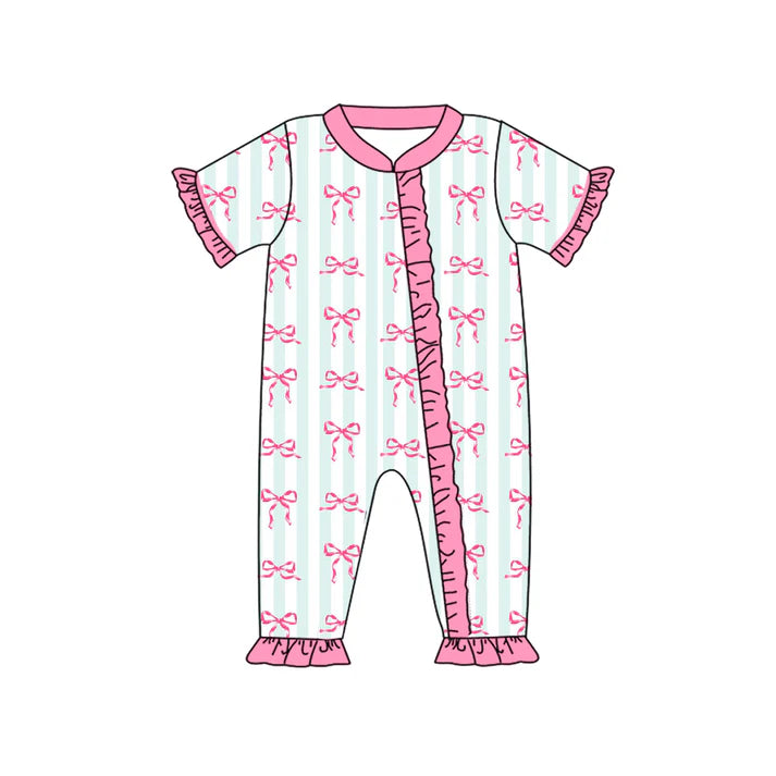 7.22 SR2040 Baby Infant Girls Green Stripes Bows Short Sleeve Zip Rompers preorder