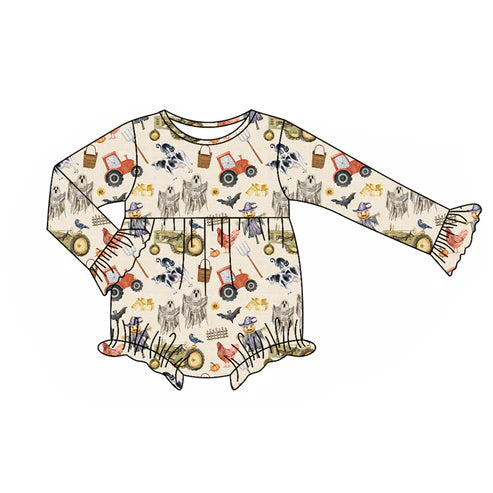 7.15 LR2421 Baby Girls Long Ruffle Sleeves Trucks Chicks Farm Rompers Preorder