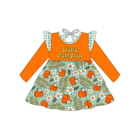 7.14 GLD1195 Baby Girls Long Sleeves Little Pumpkins Flowers Plaid Knee Length Dress Preorder