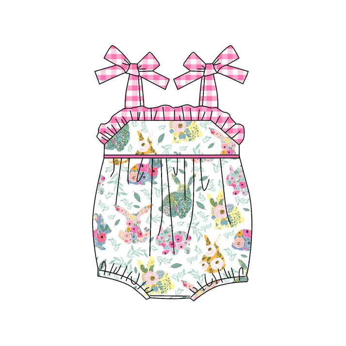 7.22 SR2049 Baby Infant Girls Easter Rabbits Flowers Straps Rompers preorder