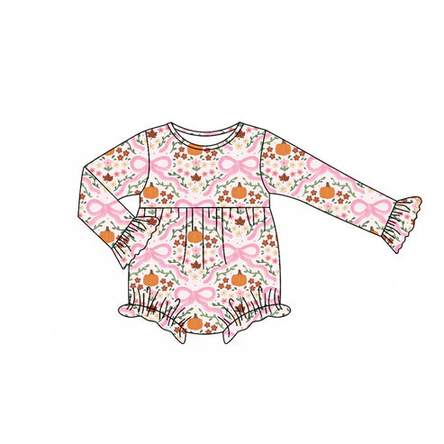 7.15 LR2414 Baby Girls Long Sleeves Bows Floral Pumpkins Ruffle Rompers Preorder