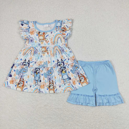 7.15 GT0484+SS0183 Baby Girls Dogs Rainbow Flowers Tunic Top Ruffle Shorts Clothes Set