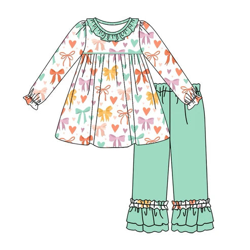 7.19 GLP2134 Baby Girls Colorful Bows Tunic Ruffle Pants Clothes Sets Preorder