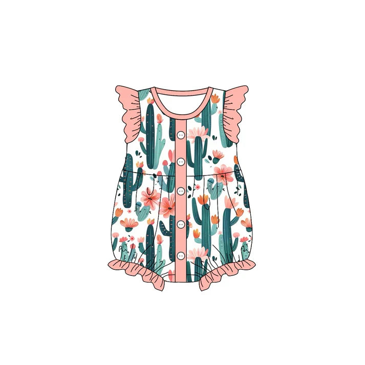 7.23 SR2075 Baby Infant Girls Pink Cactus Buttons Flutter Sleeve Rompers preorder