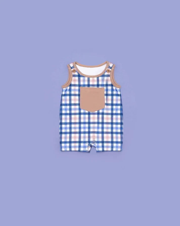 7.21 SR2038 Baby Infant Boys Blue Checkered Pocket Rompers preorder