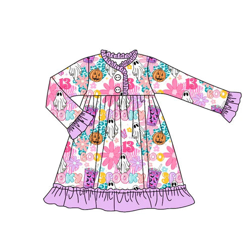 7.12 GLD1181 Baby Girls Long Ruffle Sleeves Flowers Ghosts Button Knee Length Dresses Preorder