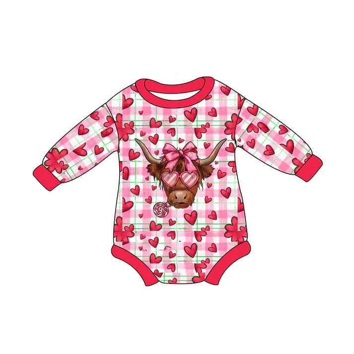 7.23 LR2104 Baby Infant Girls Valentines Highland Cow Hearts Rompers preorder