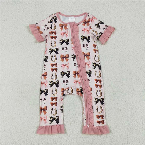 7.10 Sibling Baby Girls Pink Western Bows Horse Shoes Rompers Pajamas