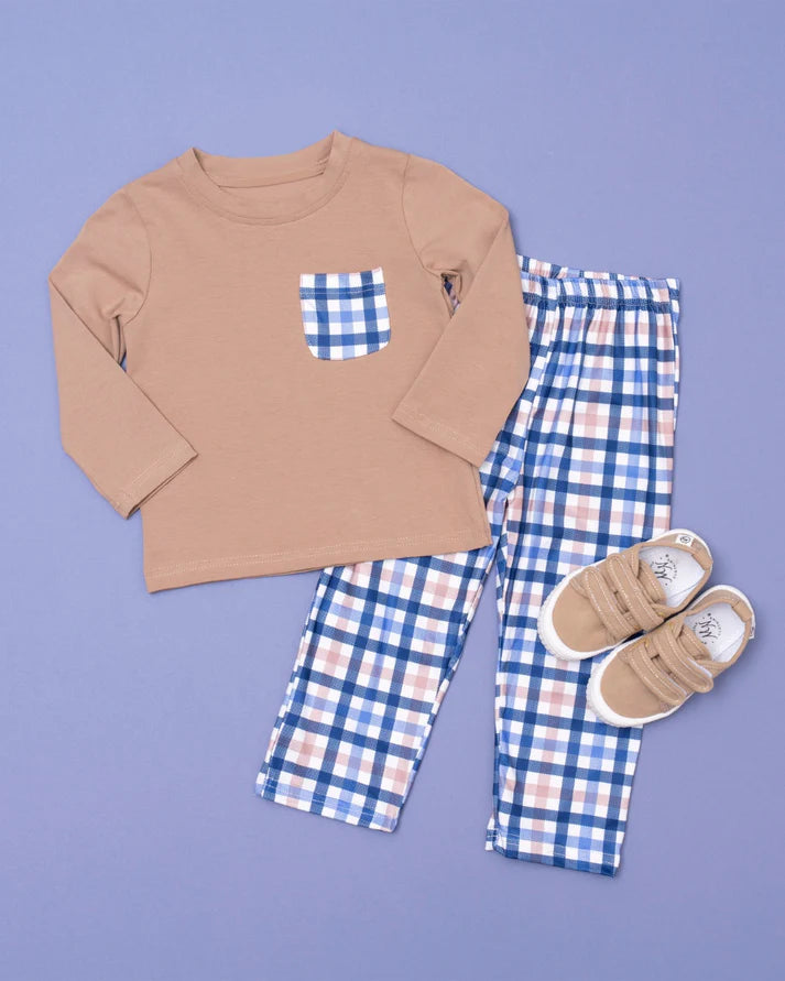 7.21 BLP1022 Baby Boys Brown Shirts Checkered Pants Clothes Sets Preorder