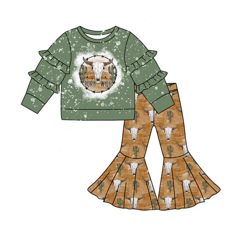 7.17 GLP2068 Baby Girls Western Wild Cow Top Bell Pants Clothes Sets Preorder