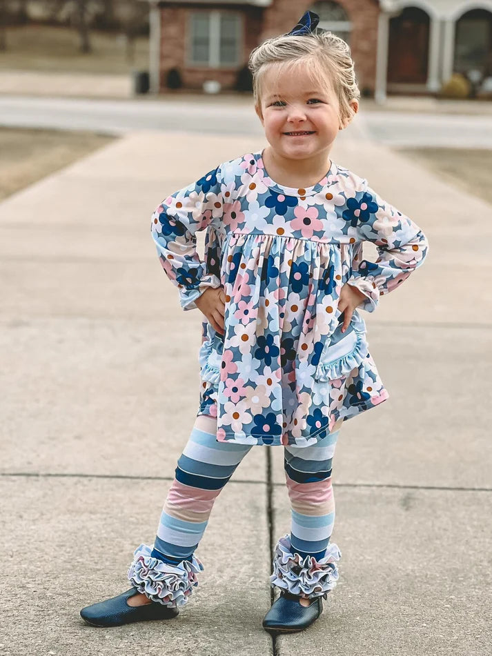 7.21 GLP2144 Baby Girls Blue Flowers Pockets Tunic Top Legging Clothes Sets Preorder