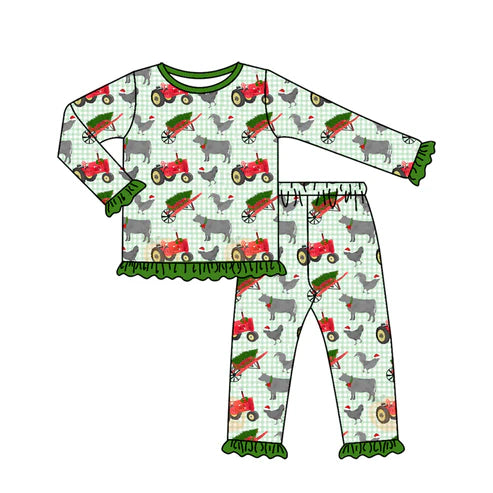 7.11 GLP2561 Baby Girls Long Ruffle Sleeves Christmas Farm Top Pant Pajamas Set Preorder