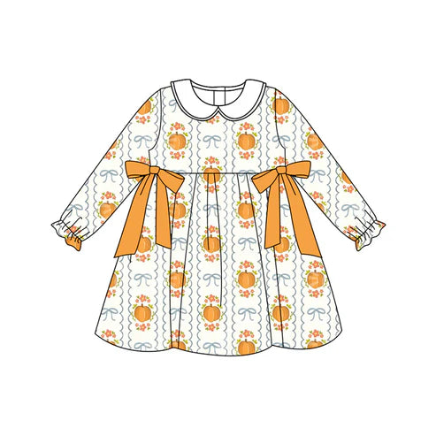 7.12 GLP2554 GLD1180 Baby Girls Long Ruffle Sleeves Pumpkin Bows Plaid Knee Length Dresses Preorder