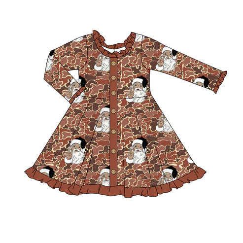 7.16 GLD0910 Baby Girls Camo Christmas Santa Buttons Knee Length Dresses Preorder