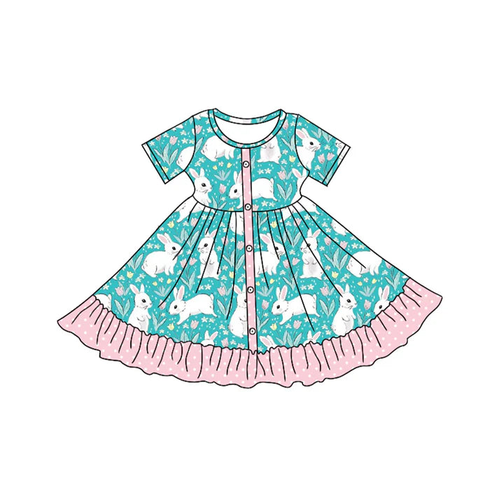 7.23 GSD1465 Baby Girls Easter Rabbits Ruffle Knee Length Dresses Preorder