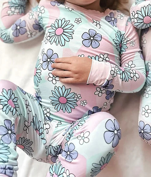 7.18 GLP2120 Baby Girls Blue Flowers Pink Top Pants Pajamas Clothes Sets Preorder