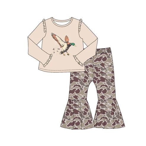 7.16 GLP2004 Baby Girls Duck Hunting Top Grey Camo Bell Pants Clothes Sets Preorder