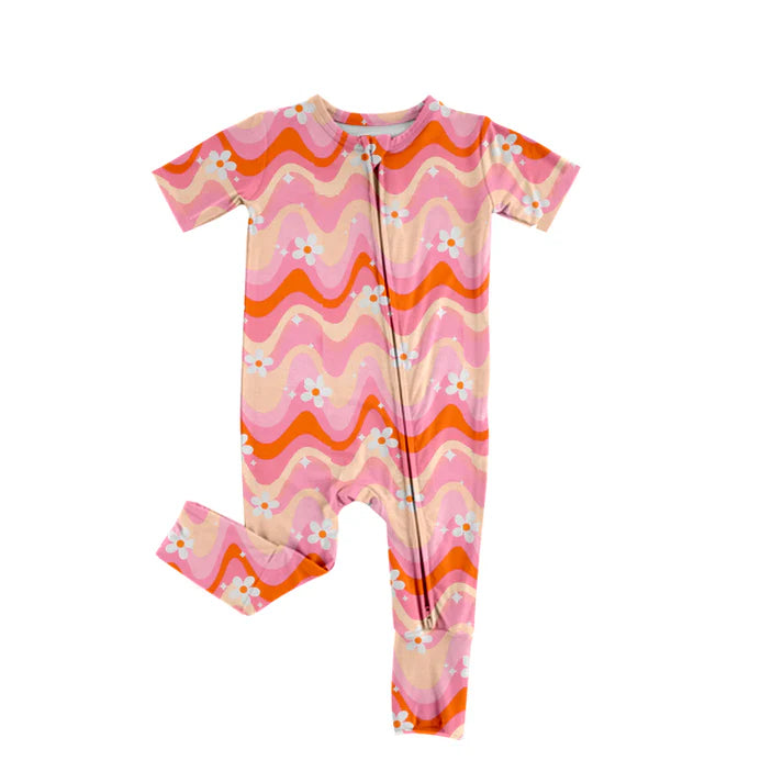 7.23 SR2066 Baby Infant Girls Groovy Flowers Zip Rompers preorder