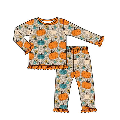 7.15 GLP2576 Baby Girls Long Ruffle Sleeves Leopard Pumpkins Flowers Top Pant Pajamas Set Preorder