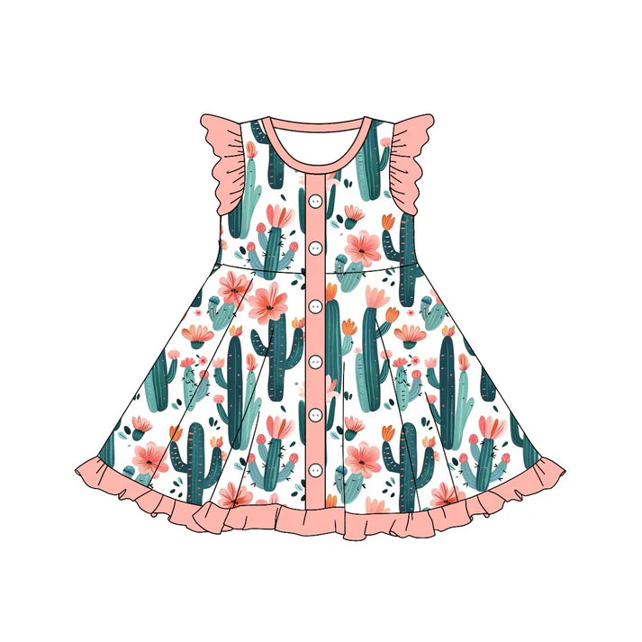 7.23 GSD1471 Baby Girls Western Cactus Flowers Ruffle Knee Length Dresses Preorder