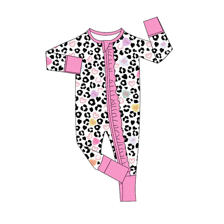 7.22 LR2089 Baby Infant Girls Valentines Leopard Hearts Ruffle Zip Rompers preorder