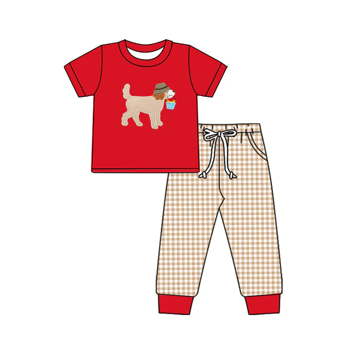 7.23 BSPO0507 Baby Boys Dog Fishing Shirt Checkered Pants Clothes Sets Preorder