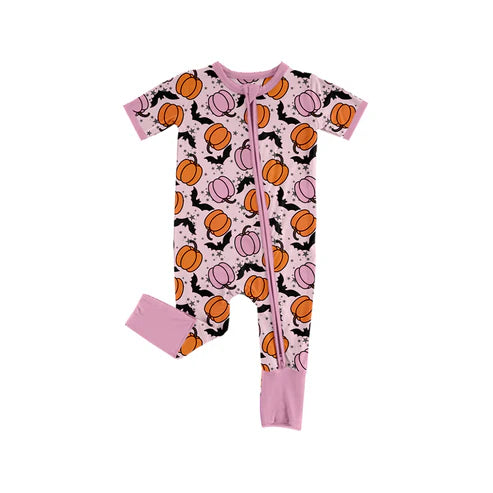 7.15 SR3185 Baby Girls Short Sleeves Bats Pumpkins Zipper Pant Rompers Preorder